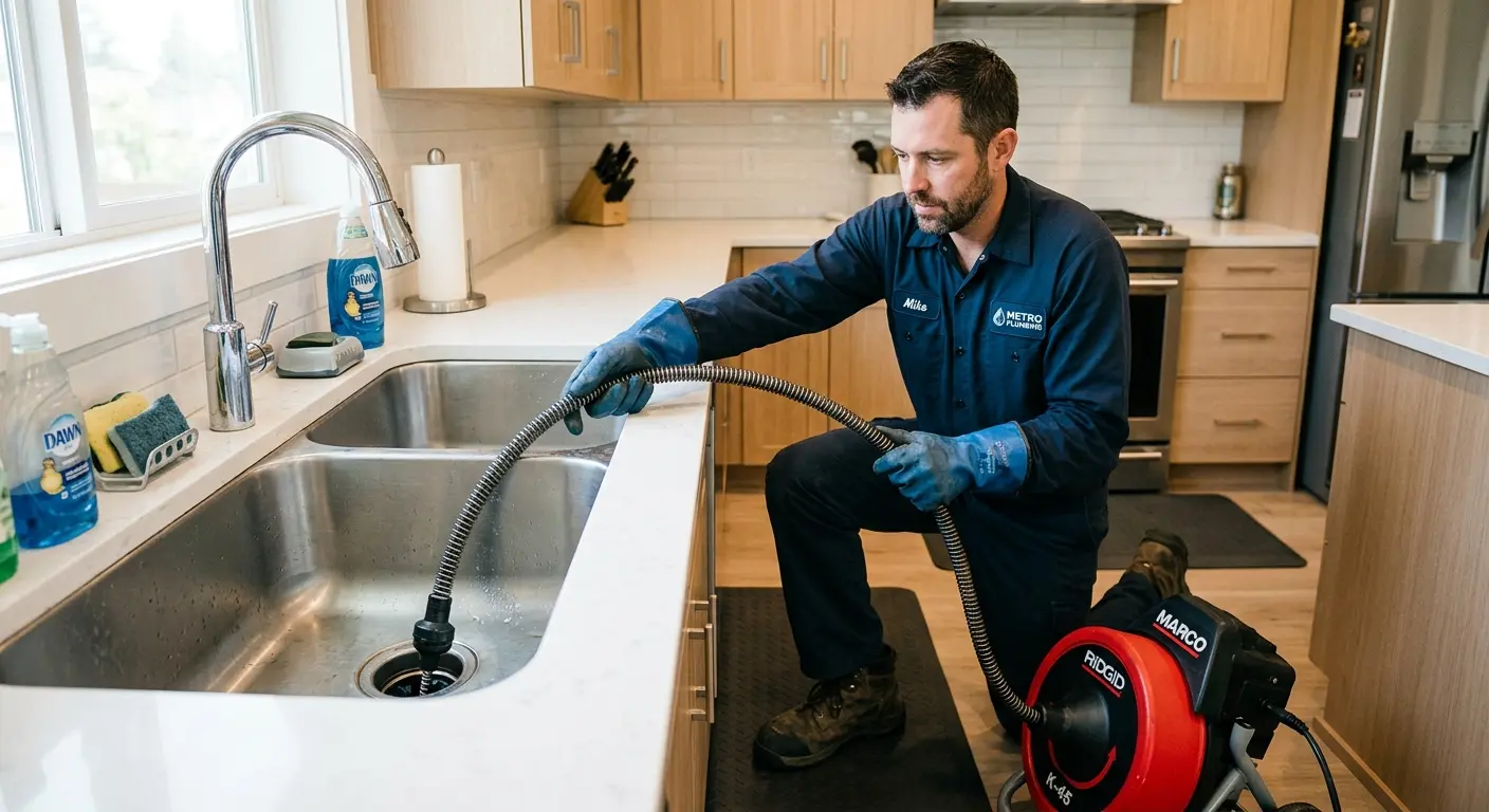 Drain cleaning technician using a motorized snake on a kitchen sink in Montevideo