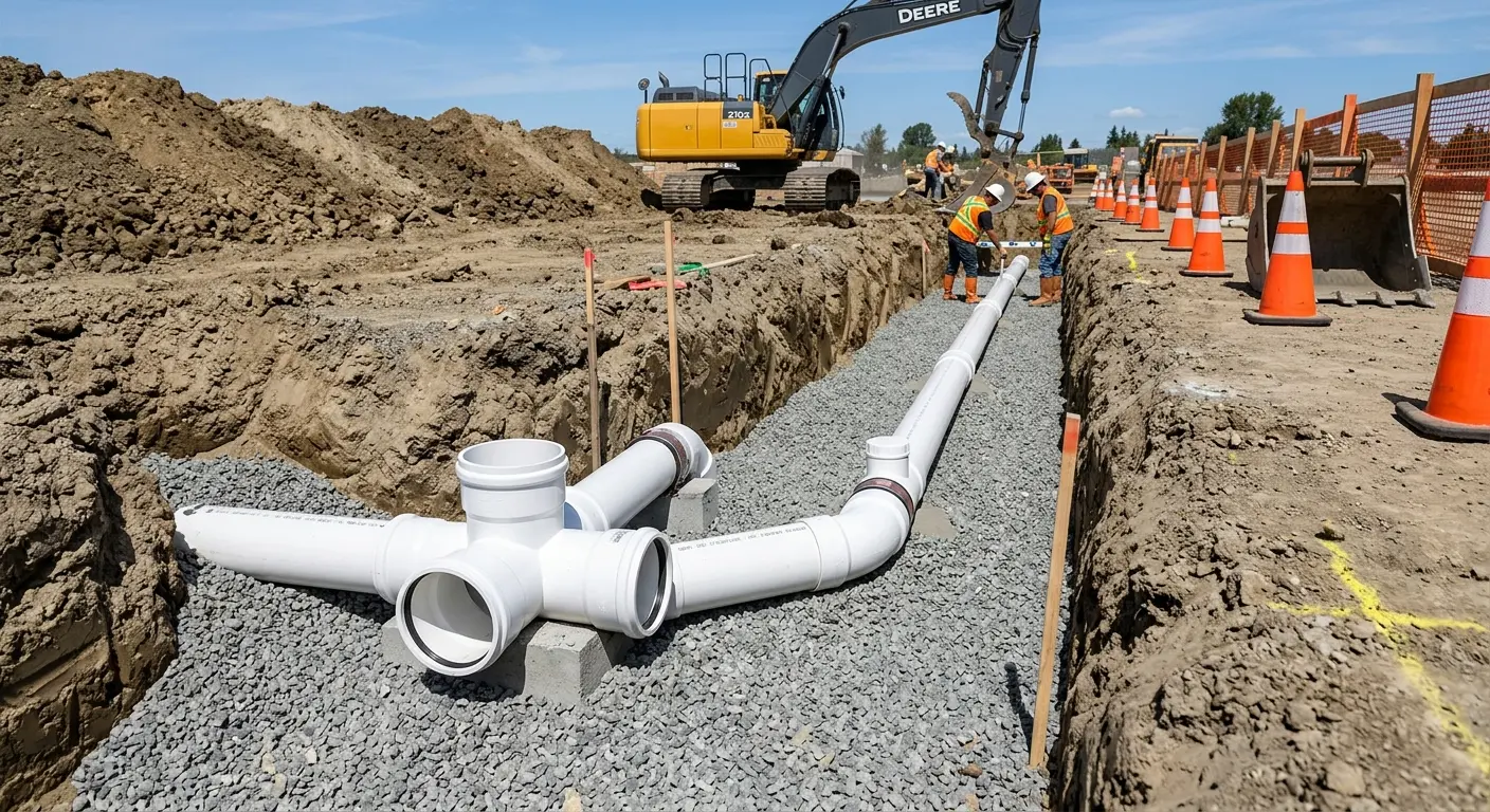 New PVC sewer pipe installation in open trench for Sewer Backup in Montevideo