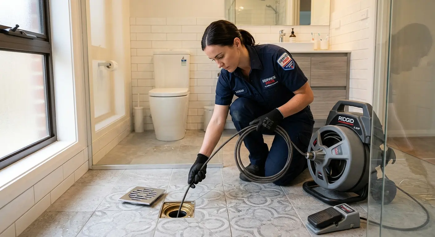 Technician clearing a bathroom floor drain for Hydro Jetting in Montevideo